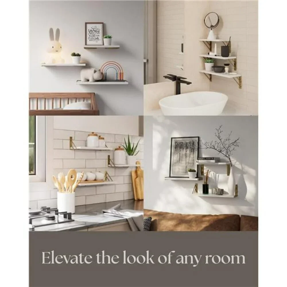 Floating Wall Shelves Set White Gold Wood Storage for Bathroom Bedroom Kitchen